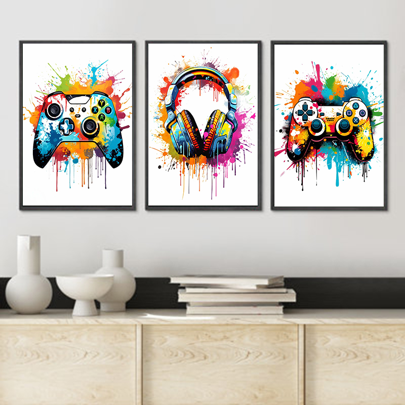 Gaming Controller - Buntes Graffiti-Spielcontroller-Kopfhörer-Diamantmalerei-Gaming-Poster-Druckbild für Gamer-Schlafzimmer-Wandkunst-Heimdekoration